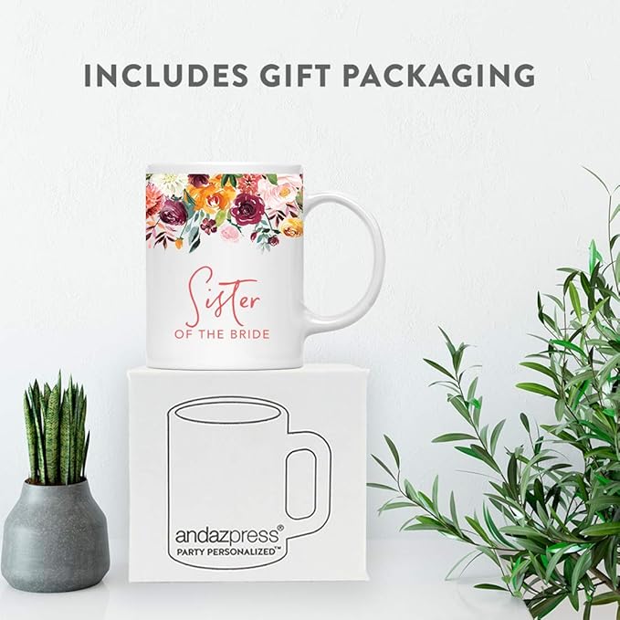 Andaz Press 11oz. Wedding Ceramic Coffee Tea Mug Gift, Fall Autumn Burgundy Orange Peach Flowers Roses Florals, Sister of the Bride, 1-Pack, Includes Gift Box