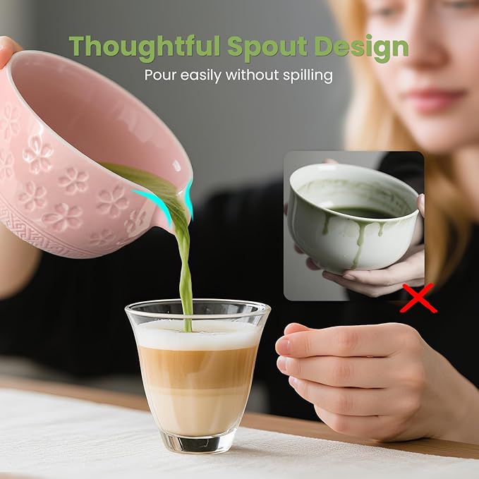 Matcha Whisk Set, Ceramic Matcha Set Includes Matcha Bowl, Whisk & Holder, Scoop, Sifter, Spoon, Scoop Rest, Tea Mat, Hand Book - 9 Pcs Kit for Matcha Lovers (Pink)