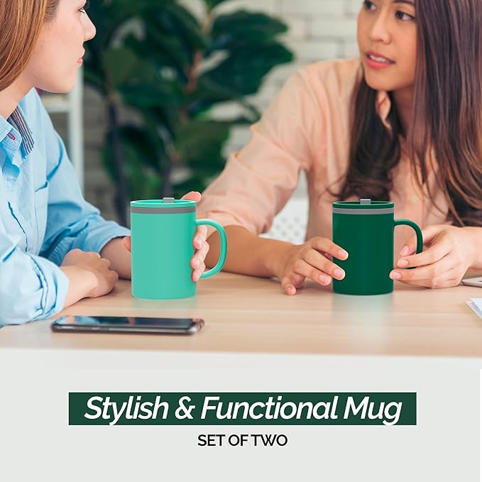 Copco Iconic 16oz Double Wall Insulated Desk Mug with Lid & Handle, Set of 2, BPA-Free Reusable Plastic, Spill-Proof, Microwave & Dishwasher Safe, Wide Mouth, Cup Holder Friendly (Green/Hunter Green)