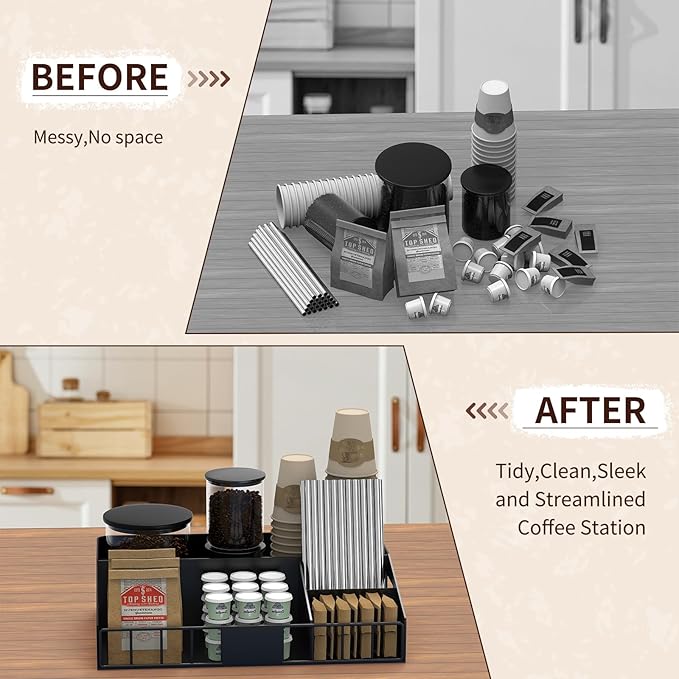 Metal Coffee Station Organizer for Countertop - Coffee Bar Organizer with Designable DIY Logo, K Cup Pods Holder & Tea Condiment Storage - Rustic Breakroom Kitchen Decor in Balck