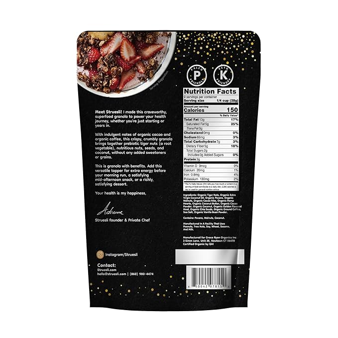 Struesli Cacao + Coffee Organic Granola, Grain & Gluten Free, Healthy Snacks with Cacao, Coffee, Tiger Nuts, Pecans, Walnuts, Hemp Hearts & Coconut Flakes, Plant Based, Keto & Paleo Friendly, 9 Oz