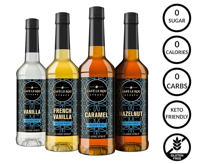 "NEW" Café Le Rou Coffee Syrup Sugar Free Variety 25.4oz Vanilla, French Vanilla, Caramel, Hazelnut -(4 Pack)*Includes 4 Coffee Syrup Dispensers*Flavoring Syrup for Coffee, Tea and Espresso