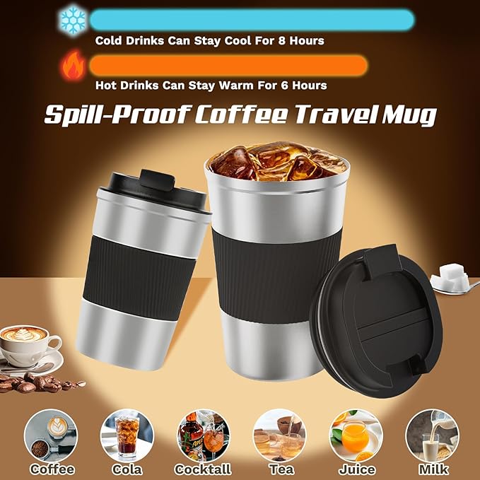 Vacuum-Insulated Stainless Steel Travel Coffee Mug, Leak-Proof Reusable Coffee Cup with Lid - Keep Hot & Cold Drinks for Hours, Durable Thermos Tumbler for Men & Women (3rd-Silver black, 17OZ)