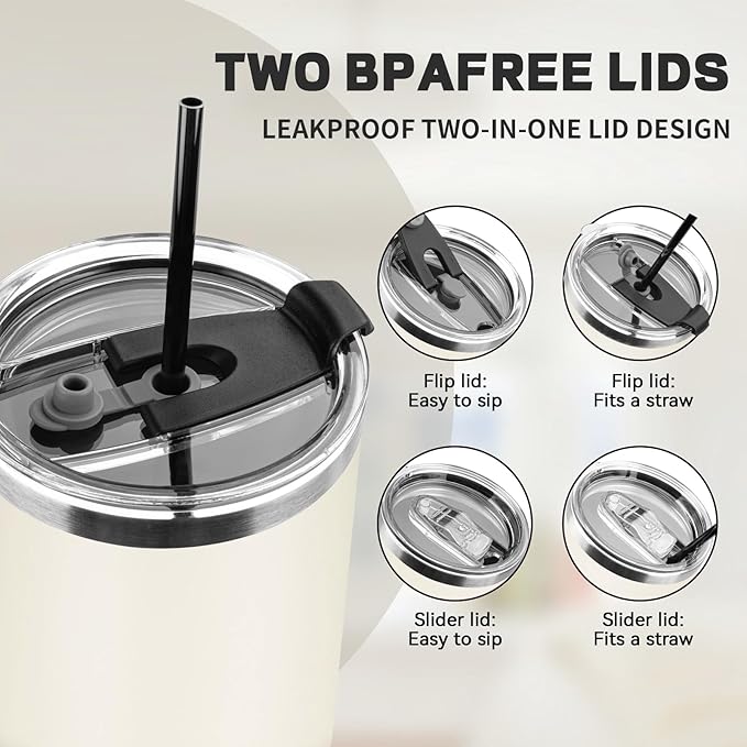 30 oz Tumbler with Lids and Straws, Stainless Steel Insulated Coffee Tumbler, Double Wall Vacuum Insulated Travel Mug Cup, Leakproof Thermal Coffee Cup for Hot and Cold Drinks (Cream)