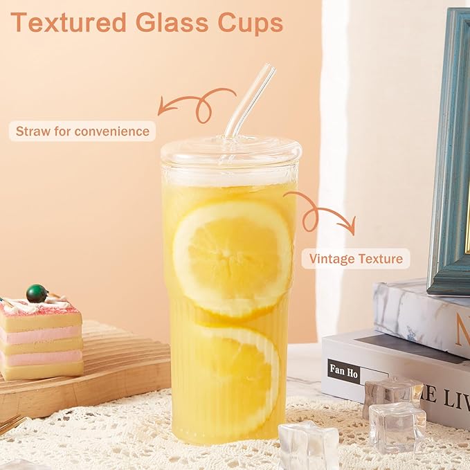 GOSCHE Glass Cups with Lids and Straws, 20oz Glass Cups Drinking Jar, Clear Iced Coffee Cups, Vintage Ripple Glass Tumbler for Water Coffee Tea, Clear, 2Pcs