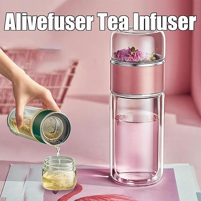 Tryteava Glass Infuser, Tryteava 3-in-1 Smart Tea Infuser, Portable Glass Double Wall Tea Infusers Bottle, with Stainless Steel Filter, Hot & Cold Brew, For Loose Leaf, Office Home (Gold, 420ml)