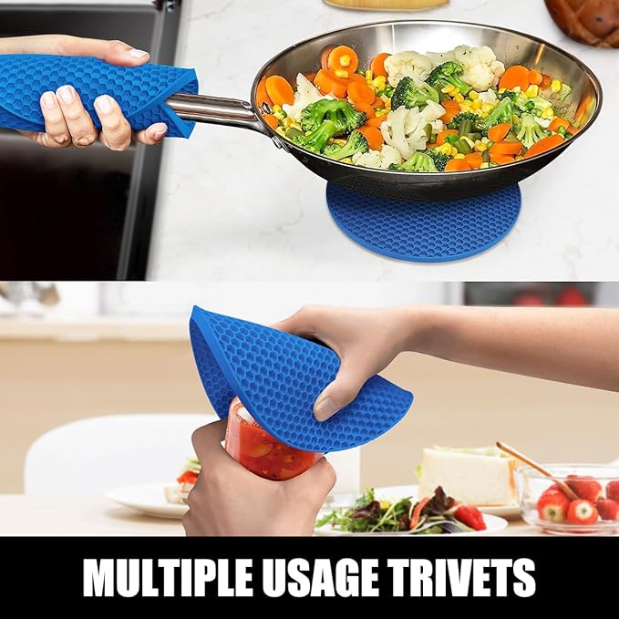 Rorecay Extra Long Oven Mitts and Pot Holders Sets: Heat Resistant Silicone Oven Mittens with Mini Oven Gloves Hot Pads Potholders for Kitchen Baking Cooking, Quilted Liner, Pack of 6 (Lake Blue)