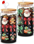 Santa Claus Glass, 16 Oz Winter Iced Coffee Glass with Straw and Lid, Perfect for Christmas and Holiday Celebration Decorations (One)