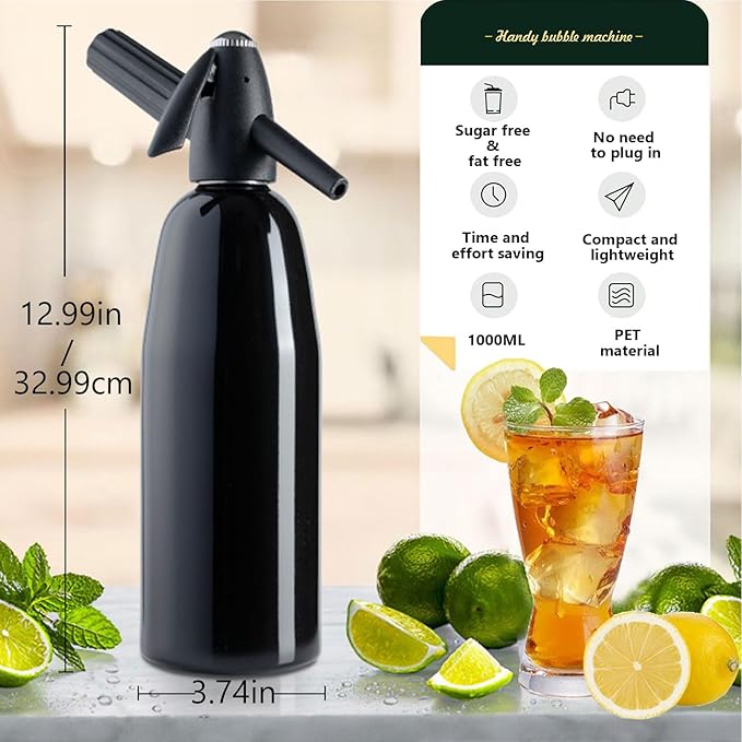 Soda Maker Soda Siphon, 1L Portable Carbonated Water Maker, Sparkling Water Maker Machine for Homemade Soda Water, Cocktails, DIY Sparkling Drinks, (Not Included CO2 Cartridges) with Ice Cube Mold