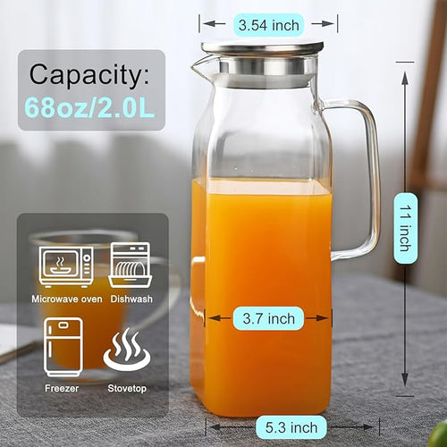 1.8 Liter Glass Pitcher with lid 60oz Glass Water Pitchers for Fridge Heat Resistant Glass Water Carafe with Handle for Party Water Jugs Tea pitcher Lemonade Iced Tea Jug Juice or Drinks