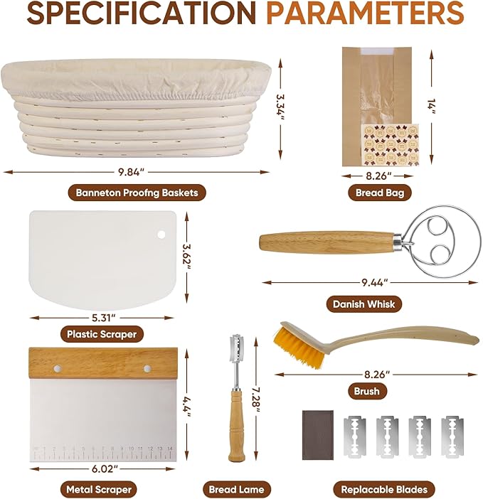 Bread Proofing Basket Set, Oval 10" Sourdough Proofing Basket for Bread Making Tools and Supplies, Sourdough Bread Baking Supplies, Ideal Basket Gift Set for Artisan Bakers