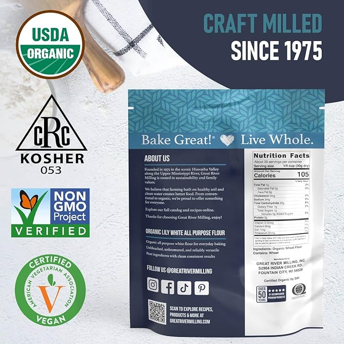 Great River Milling Lily White Organic All-Purpose Flour | Unbleached & Unbromated | Non-GMO, Kosher | Ideal for Bread, Cookies, Cakes, Pizza Dough & Everyday Baking | 2 Lb