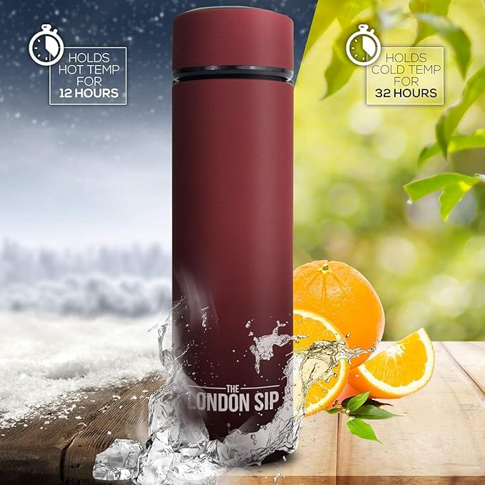 London Sip Multi-Purpose Travel Mug and Tumbler Fruit Infused Flask Hot and Cold Double Wall Stainless Steel Thermos with Extra-Long Infuser, Sacred Red, Pack of 2