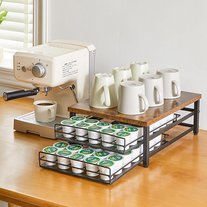 IBUYKE 2-Tier Coffee Pod Drawer Holder for K Cup, Capsule Pods Storage Organizer, Compact Under Coffee Pot Storage Drawer, Slim Home Kitchen Counter Organizer TCJ002H