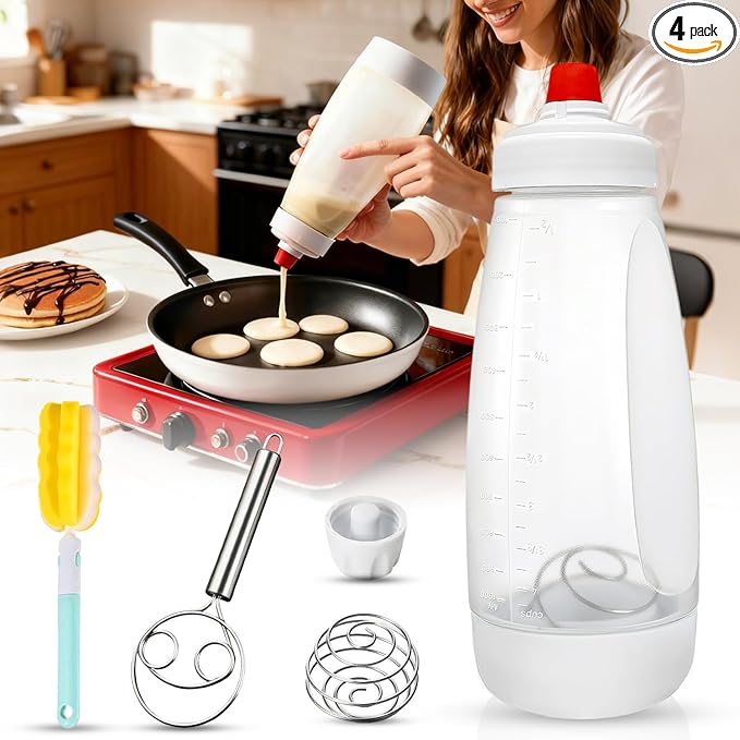 Pancake Batter Dispenser Kit - 4.5-Cup Pancakes Mix Maker with Shaker Ball Stainless Steel Whisk and Brush,Squeeze Bottle for Cupcake,Muffin,Waffle,Crepe