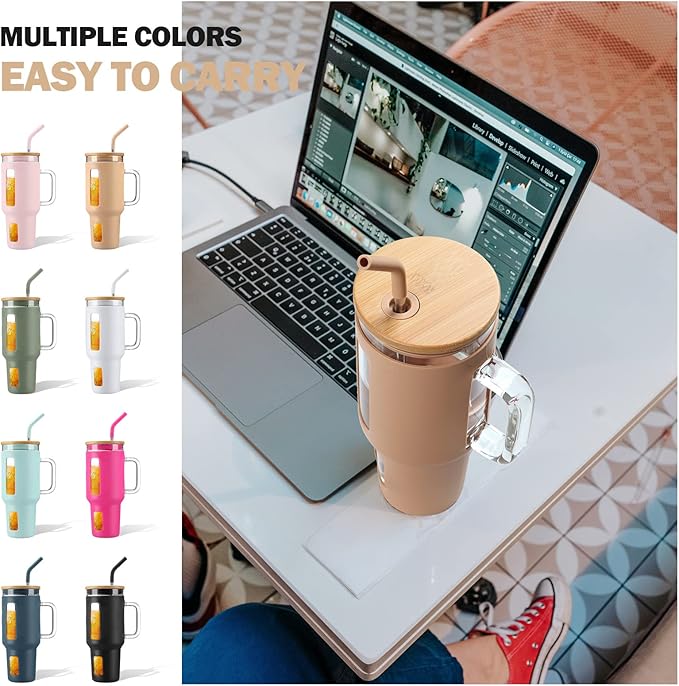 Kodrine 40 oz Glass Tumbler with Handle, Iced Coffee Tumbler with Straw and Bamboo Lid, Glass Drinking Cup with Silicone Sleeve Time Marker, Water Bottle Dishwasher Safe, Cup Holder Friendly, Amber