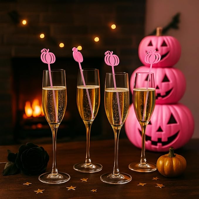 30 Pcs Halloween Swizzle Sticks Plastic Coffee and Cocktail Stirrers Fall Thanksgiving Drink Stirrers Cocktail Mixers for Halloween Fall Autumn Party Tea Coffee Bar Decoration(Pink Pumpkin)