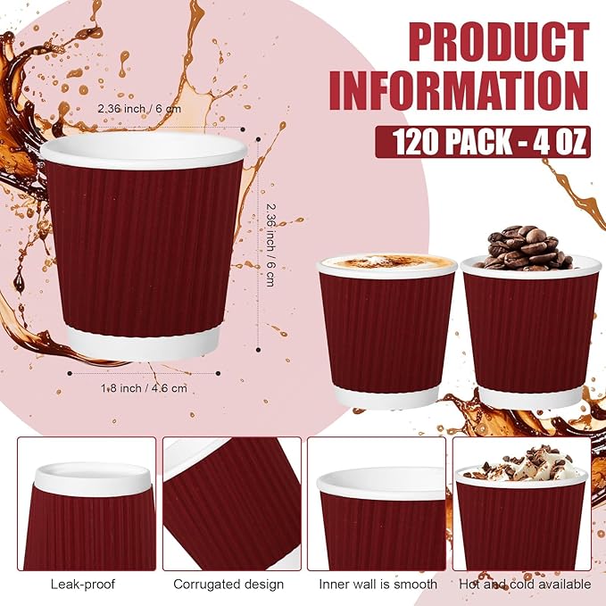 240Pack Paper Espresso Coffee Cups, 4 oz Disposable Coffee Cups,Corrugated Insulated Ripple Wall, Paper Ripple Cups for Coffee, Hot Chocolate and Hot Tea Drinks -Red