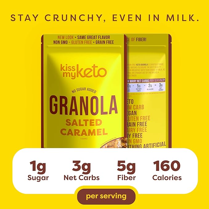 Kiss My Keto Sugar Free Granola, Salted Caramel 4-Pack – Curb Cravings with Few Net Carbs – Allulose Sweetened, Resealable & Gluten-Free Crunchy Clusters – Grain Free Granola Great With Yogurt or Milk