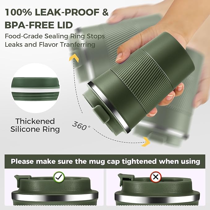 Volhoply 13 oz Stainless Steel Insulated Travel Coffee Mug with Fip Lid,Reusable Double Wall Vacuum Metal Coffee Cup,Portable to Go Leak Proof Cafe Thermal Tumbler for Hot & Cold Drinks(Army Green,1)