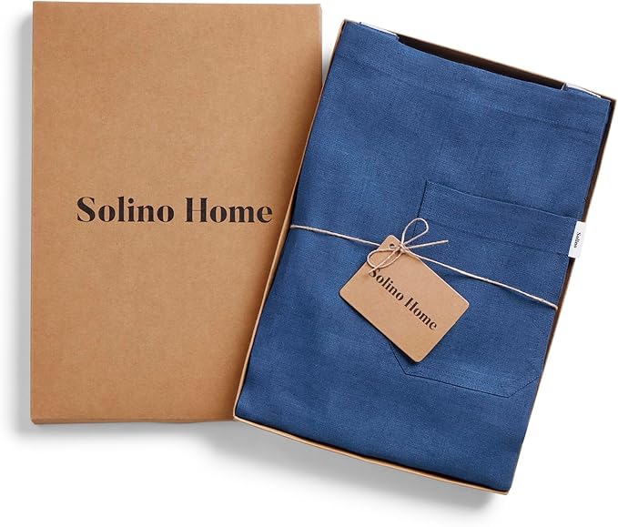 Solino Home Linen Kitchen Apron for Men & Women - Indigo Blue/Soft Grey Bib Apron with Front Pockets - Handcrafted from European Flax