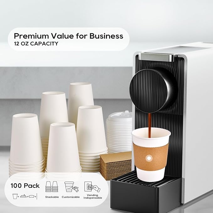 [100 Pack] 12 oz Paper Coffee Cups, Disposable Paper Coffee Cup with Lids, Sleeves, and Stirrers, Hot/Cold Beverage Drinking Cup for Water, Juice or Tea, Suitable for Home, Shops and Cafes