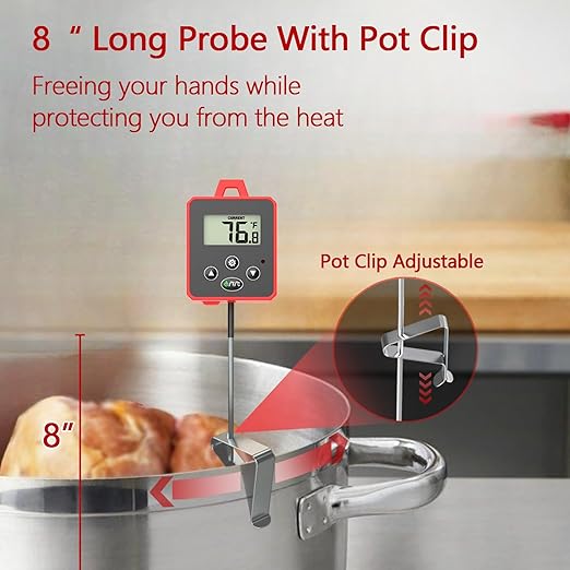Waterproof Digital Candy Thermometer for Candy Making, Instant Read Cooking Thermometer with Pot Clip, Backlight LCD, 8" Long Probe, Temperature Alarm, ℃/℉ Switch for Kitchen, Outdoor BBQ