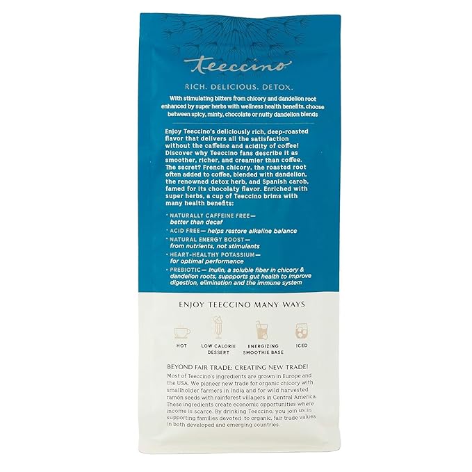 Teeccino Dandelion Mocha Mint Herbal Coffee - Caffeine-Free Coffee Alternative with Prebiotics, Gluten Free, Acid Free - Medium Roast, 10 oz, Pack of 3