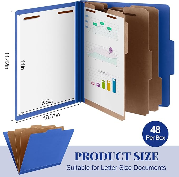 48 Pcs Classification Folders Letter Size, Back to School Supply for Teacher, Student, 3 Dividers Pressboard File Folder Bulk with 2 Fasteners, 3.5 Inch Expanding File Organizer (Dark Blue)