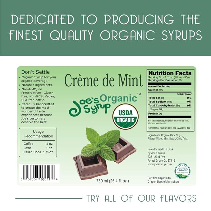 Joe’s Syrup Organic Flavored Syrup, Organic Crème de Mint, 750 ml (3 Pack)
