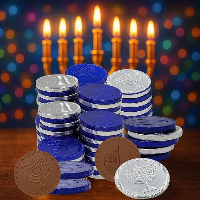 The Dreidel Company Blue & Silver Hanukkah Milk Chocolate Coins, Hanukkah Design Gelt, Gluten Free, Non GMO, Kosher Certified OU-D (25-Pack)