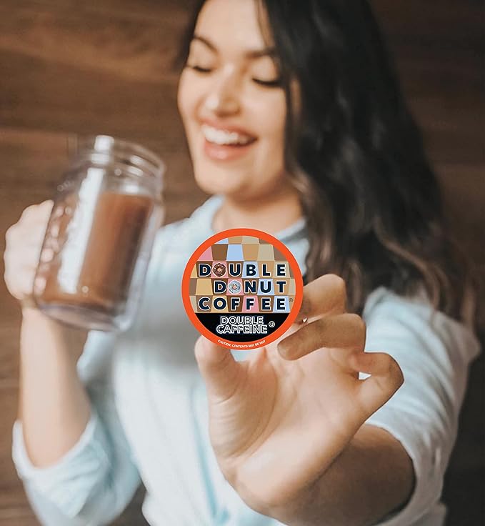 Double Donut Coffee High Caffeine Coffee Pods, Extra Strong Double Caffeine Coffee Cups for Keurig K Cup Brewer Machines Single Serve Dark Roast Coffee, 48 Count