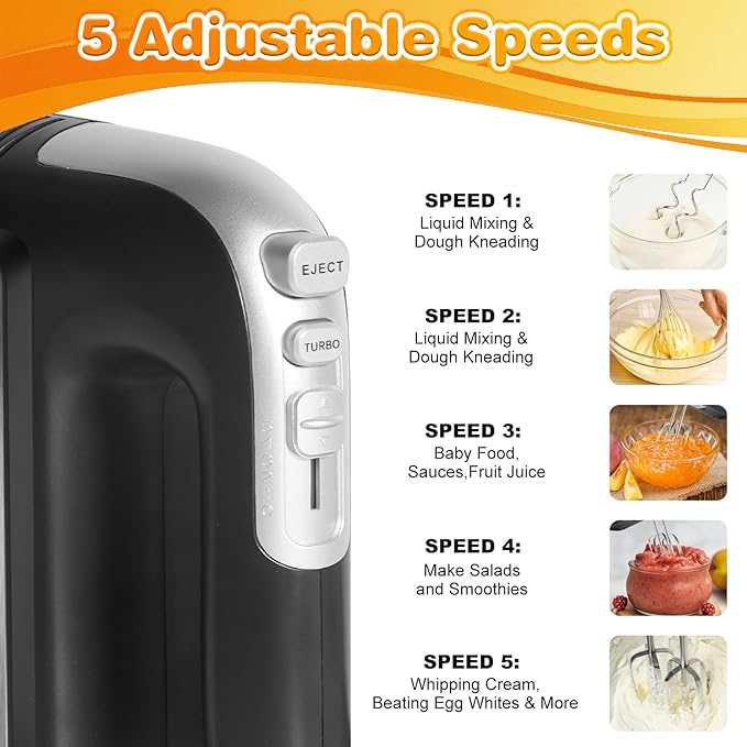 5-Speed 400W Hand Mixer Electric Handheld - Ultra-Powerful Handheld Mixer with Turbo Function & Eject Button, 5 Stainless Steel Attachments for Dough, Cream, Batter, Eggs & Baking