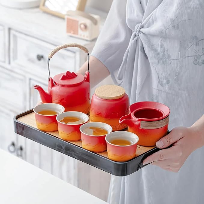 ICHAG Chinese Tea Set, Japanese Tea Sets for Adults, 15-Piece Porcelain Gongfu Tea Set with Tea Pet & Tea Tray, Japanese Teapot Set, Travel Tea Party Set, for Home/Office/Outdoor/Gifts (Red)