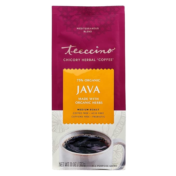 Teeccino Java Chicory Coffee Alternative - Ground Herbal Coffee That’s Prebiotic, Caffeine Free & Acid Free, Medium Roast, 11 Ounce (Pack of 6)