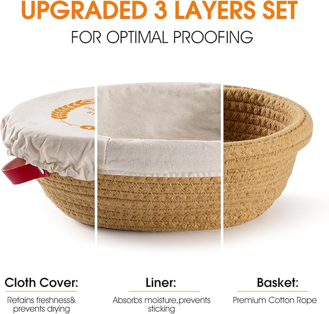 Cotton Rope Banneton Bread Proofing Basket Set - Includes handmade two round bread baskets with liners and covers. Ideal for sourdough bread baking supplies and starters