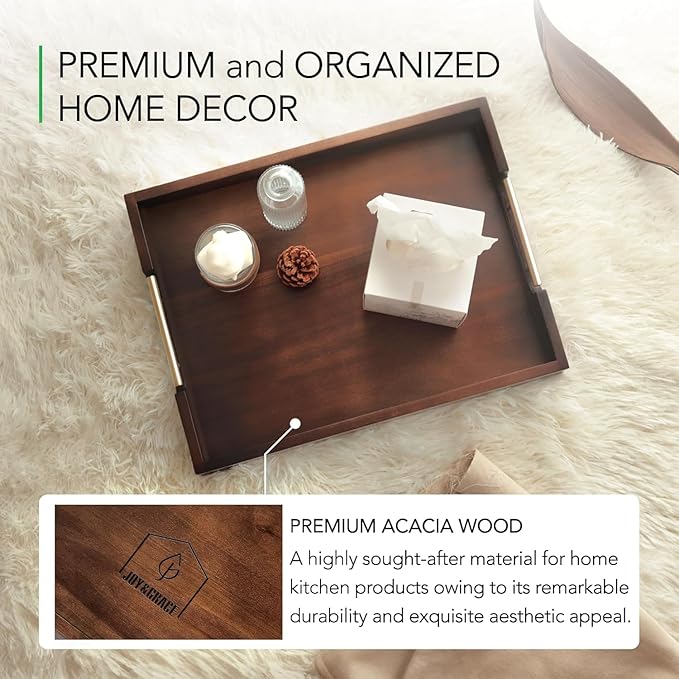 Joy&Grace Acacia Wooden Serving Tray with Metal Handles 16.7 x 12.8 inch Decorative Ottoman Tray for Living Room Coffee Table Large (Color Brown)
