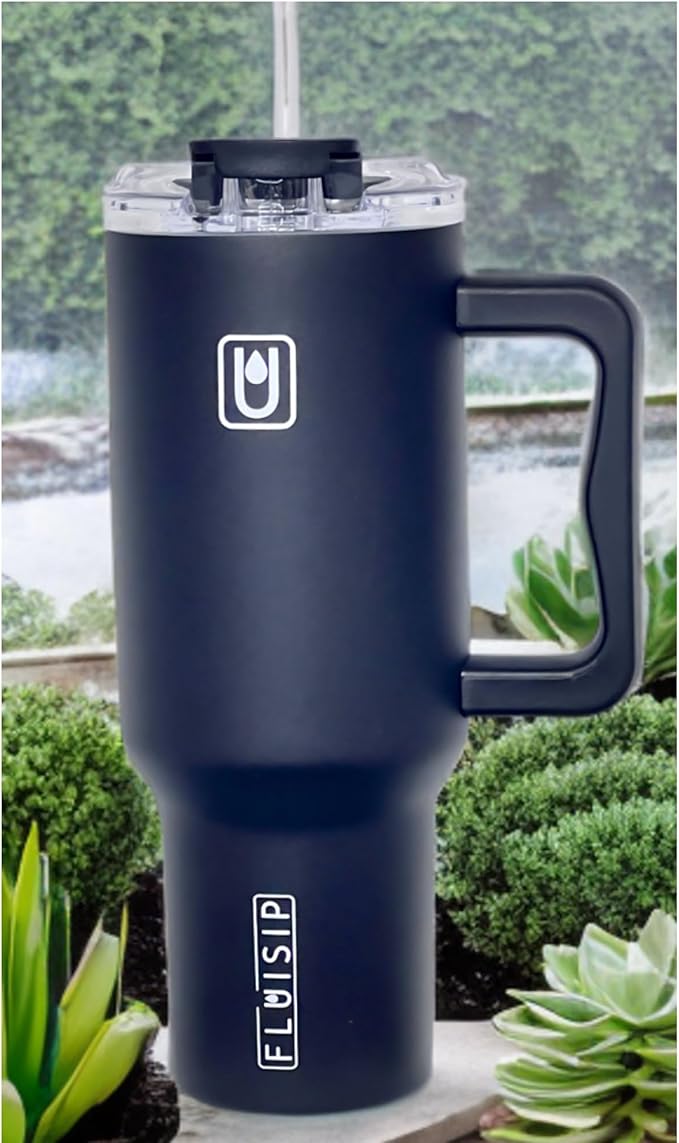 40 oz Insulated Tumbler with Handle, Stainless Steel, Leakproof Lid and Straw, Cup Holder Friendly (Black)