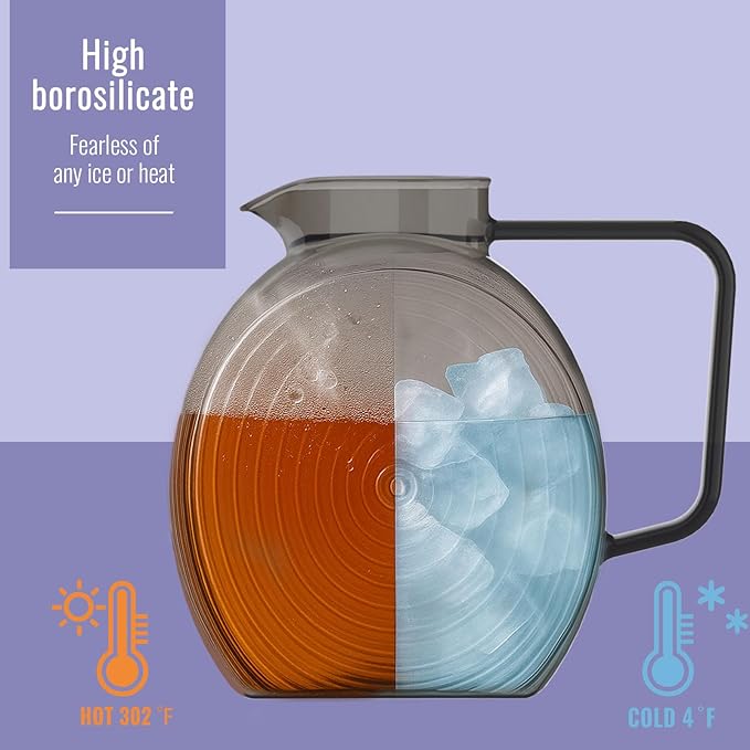 Glass Pitcher With Lid, 2.3 Liter 78 oz Glass Water Pitchers, 0.6 Gallon Glass Pitcher With handle and Lids for Fridge, Carafe Jug Jar For Hot/Cold Water Tea Iced Juice Coffee Milk Beverage