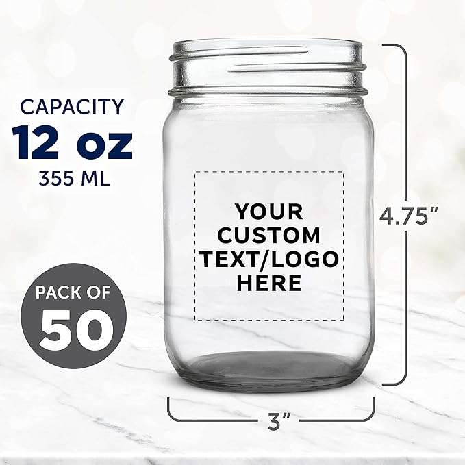 DISCOUNT PROMOS Custom Decorating Mason Jars 12 oz. Set of 50, Personalized Bulk Pack - Glass Jars for Overnight Oats, Candies, Fruits, Pickles, Spices, Beverages - Black