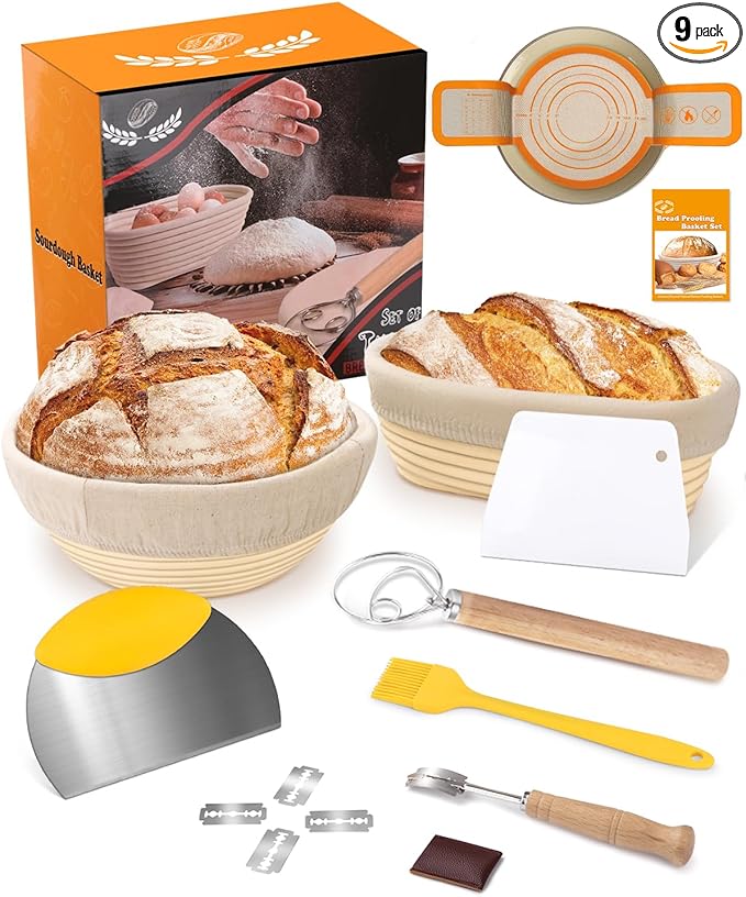 Banneton Basket Set of 2, 10" Oval & 9.7" Round Banneton Bread Proofing Basket with Liners, Bread Lame, Silicone Baking Mat, Danish Whisk, Brush, Proofing Bowls Sourdough Starter Kit Tools