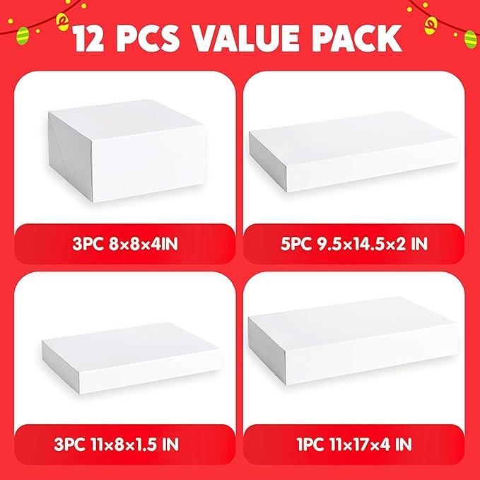 JOYIN 12PCS Christmas White Gift Boxes with Lids for Presents, 4" Deep Large Shirt Robe Wrapping Box, 4 Different Sizes Holiday Festive Lingerie Cupcake DIY Kraft Cardboard Boxes