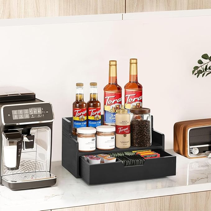 Coffee Pod Holder with Drawer, 3-Tier Wood K Cup Organizer for Countertop, Coffee Bar Organizer Storage Box, Coffee Station Organizer for Kitchen Coffee Station Decor