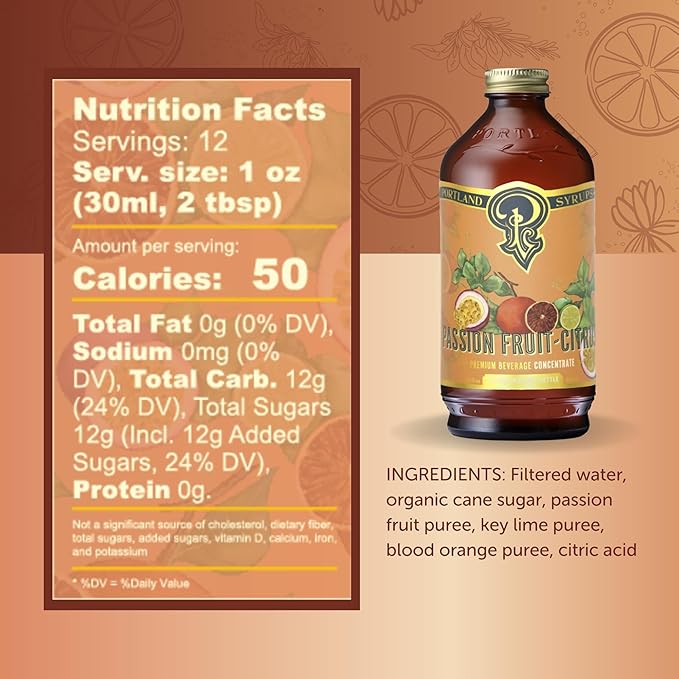 Portland Syrups Citrus-Passion Syrup - Craft Tropical Sensations for Cocktails, Mocktails, Soda, and More - 12 oz with 12 Servings (Pack of 2)