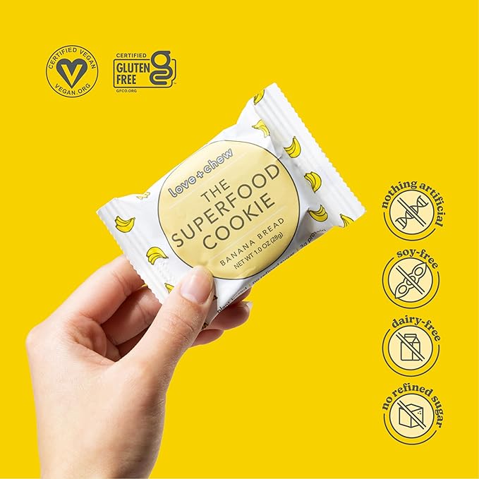 Love + Chew Superfood Soft Baked MINI Cookies, Banana Bread Flavor, Plant Based Cookie Made With Almonds, Chia Seeds, & Bananas for Kids and Adults, Vegan Snacks, Gluten Free, Paleo, Non GMO, 18 Pack