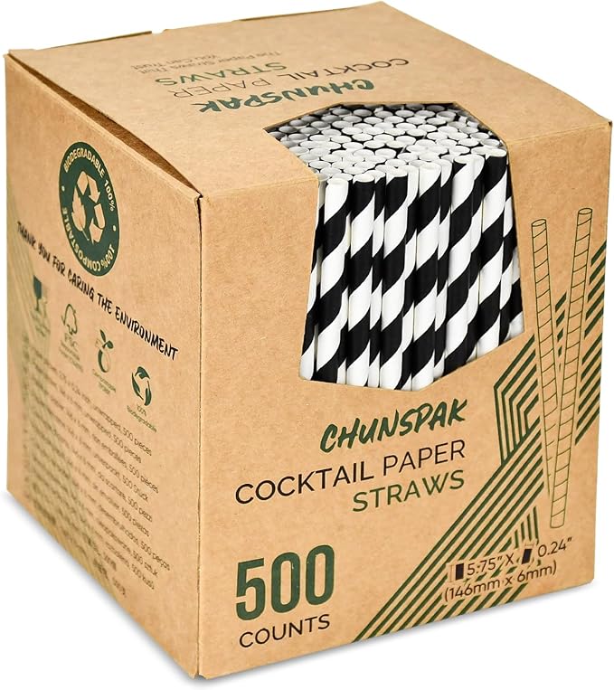[500 Counts] Chunspak 5.75 inch Eco-friendly Disposable Short Paper Drinking Straws Bulk for Cocktail, Mixed Drinks - Black White Striped