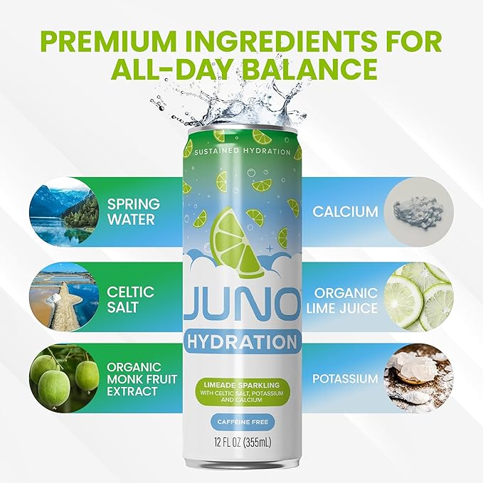 JUNO HYDRATION Drink Limeade Sparkling - Sugar Free Electrolytes, Organic Monk Fruit & Organic Lime Juice, Hydrating with Celtic Salt, Potassium, Calcium - Premium Beverage, 12 Pack