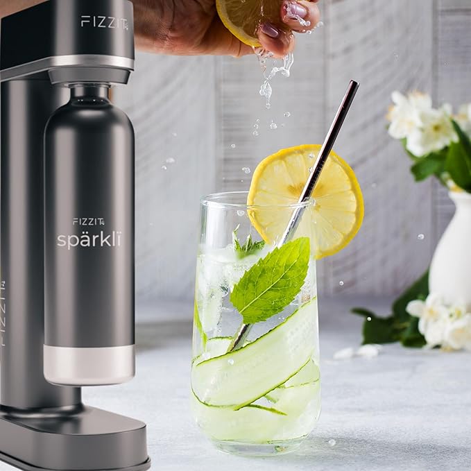 Black Stainless Steel Sparkling Water Maker with 2 CO2 Cylinders & 1L Reusable Bottle