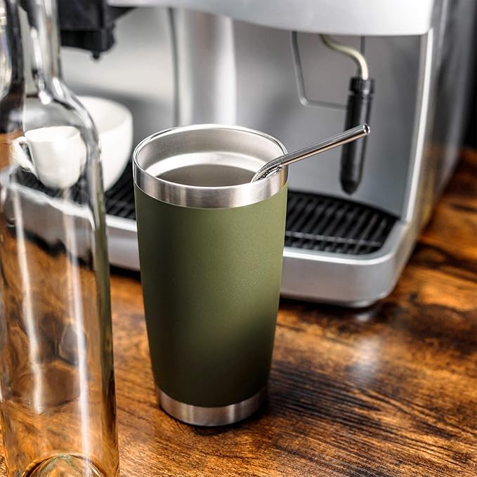 COMOOO 20oz Double Wall Vacuum Insulated Travel Mug, Stainless Steel Tumbler with Lid and Straw Durable Powder Coated Insulated Coffee Cup for Cold & Hot Drinks (Army Green, 2 Pack