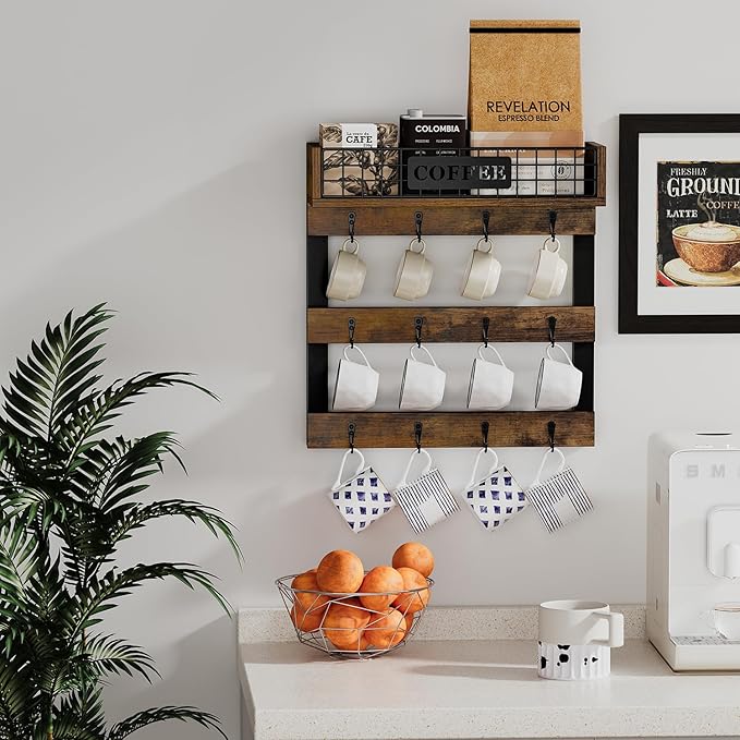 YINMIT Coffee Mug Holder Wall Mounted, Wood Mug Racks with 12 Hooks, Coffee Cup Holder for Wall with Storage Shelf, Cups Rack for Home, Kitchen